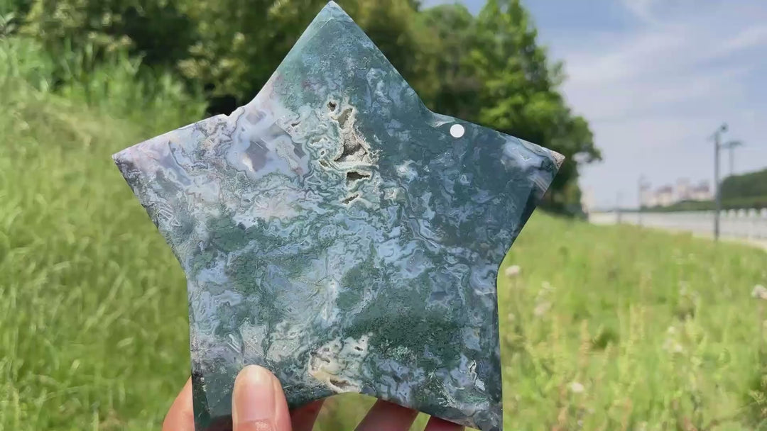 Unique,A Slightly Imperfect Natural Verdant Moss Agate Star Carving