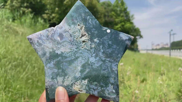 Unique,A Slightly Imperfect Natural Verdant Moss Agate Star Carving
