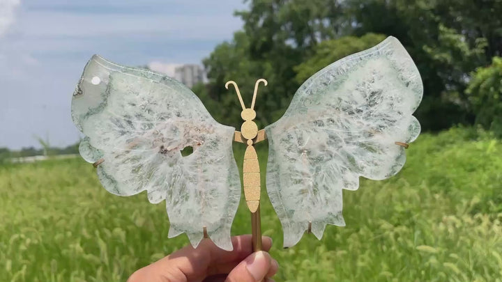 Unique,A Slightly Imperfect Natural Crystal Chlorite Quartz Butterfly Wings With Stand