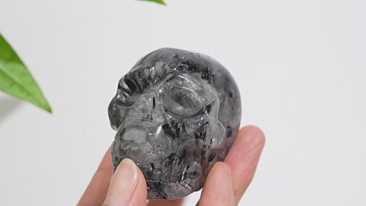 Unique,Natural Crystal Black Tourmaline In Quartz Skull Carving