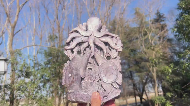 Unique, Natural Lepidolite Carving Octopus & Sea Turtle