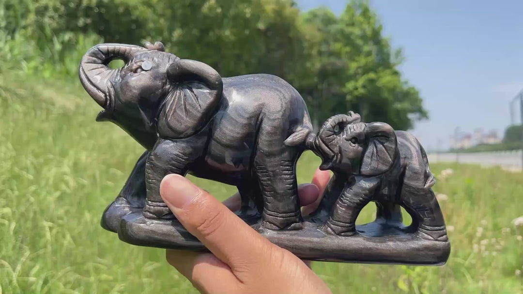Unique,A Slightly Imperfect Natural Silver Obsidian Mother And Baby Elephant Carving