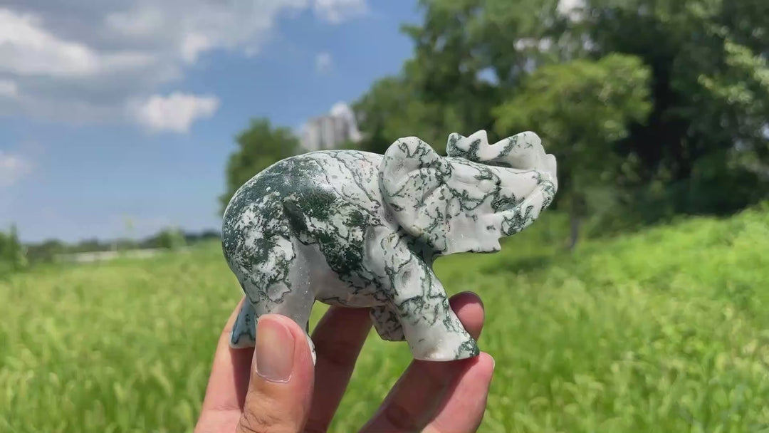 Unique,Natural Crystal Moss Agate Elephant Carving