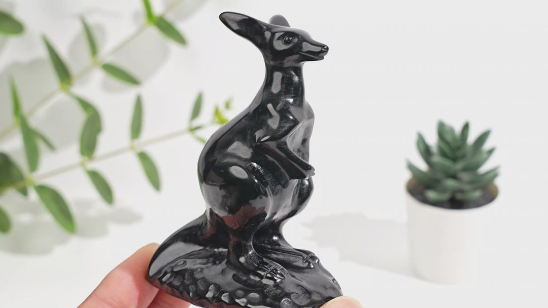 Natural Crystal Carved Obsidian Kangaroo
