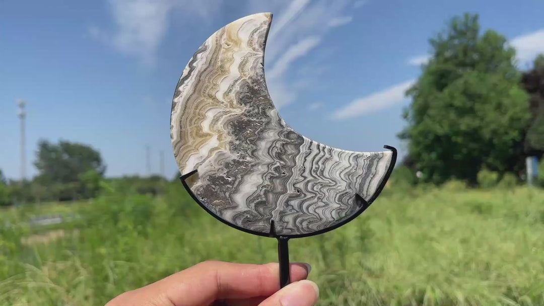 Unique,Natural Crystal Mexican Calcite Moon With Stand