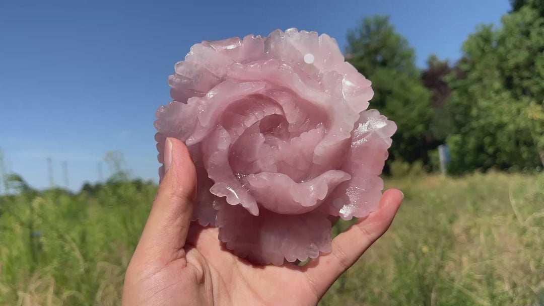 Unique,A Slightly Imperfect Natural Crystal Carving Rose Quartz Peony Flower