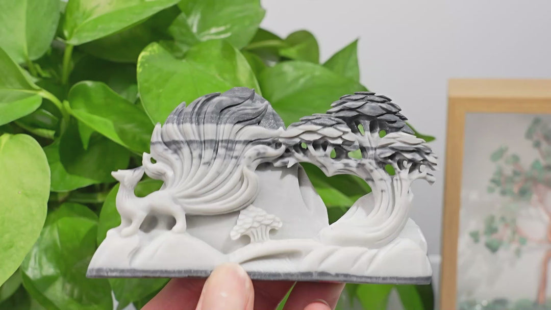 Natural Crystal Carving TaiJi Stone Landscape Nine-Tailed Fox