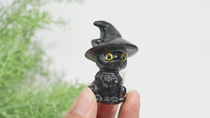 Natural Crystal Cute Hat Witch Cat Carving