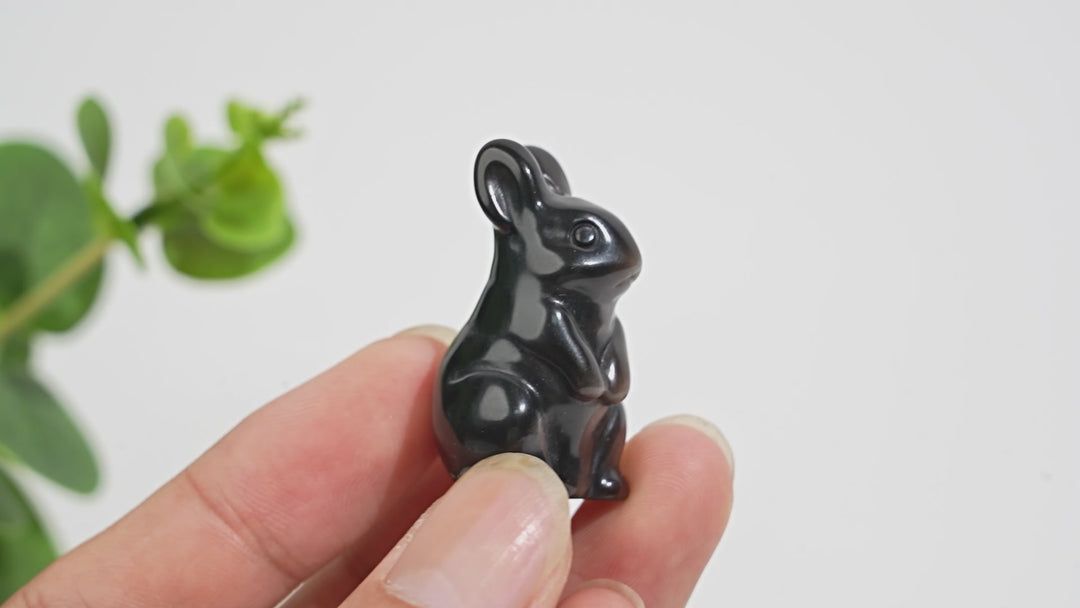 Natural Crystal Silver Obsidian Standing Rabbit Carving