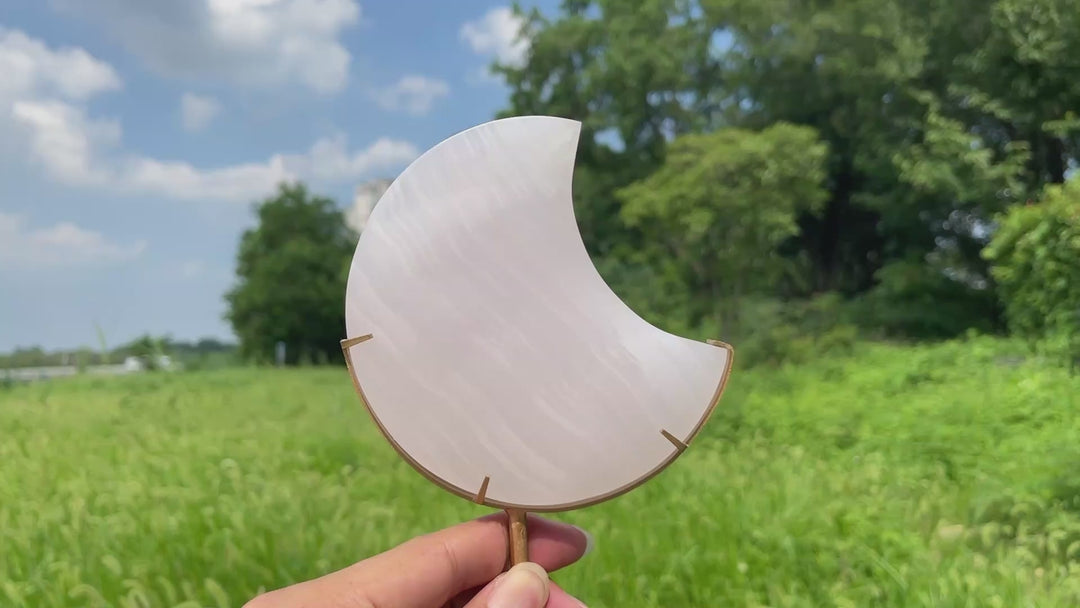 Unique,Natural Crystal Pink Calcite Moon With Stand