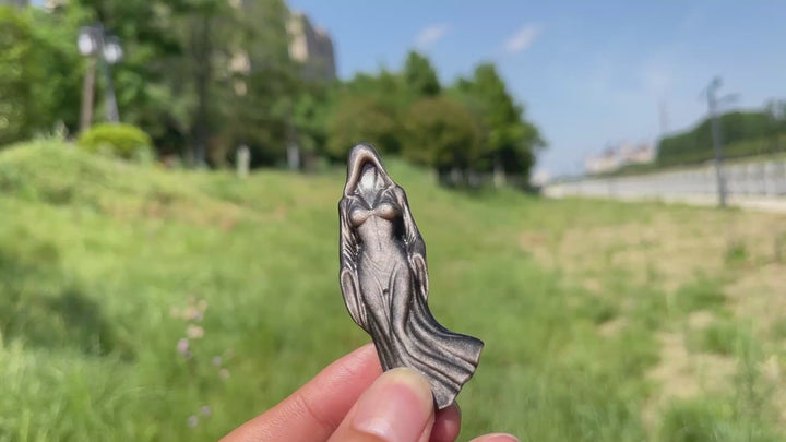 Natural Mystical Silver Obsidian Ghost Goddess Carving