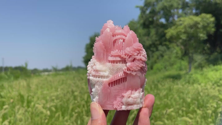 Unique,Natural Crystal Carving Pink Opal Landscape With Fox