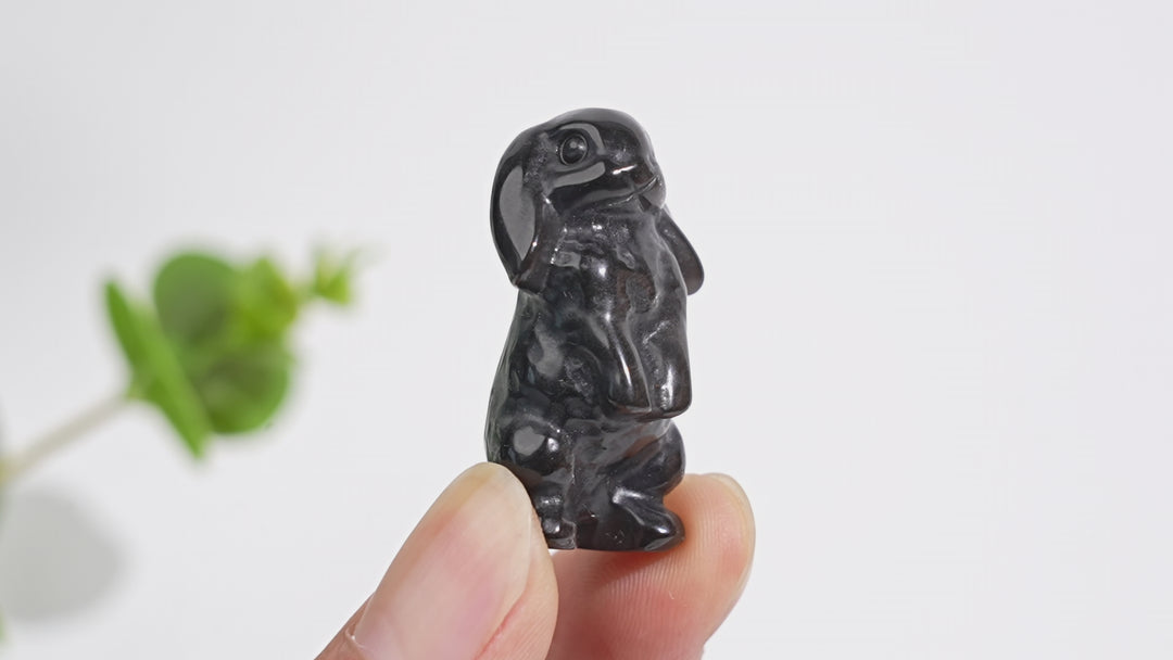 Natural Crystal Carving Silver Obsidian Lop Eared Rabbit