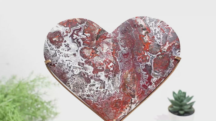 Unique,Natural Mexican Agate Crystal Heart On Stand