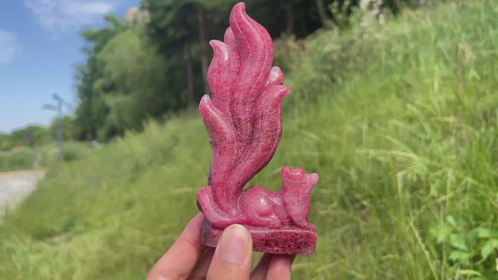Unique,A Slightly Imperfect Natural Rhodonite In Quartz Nine-Tailed Fox Carving
