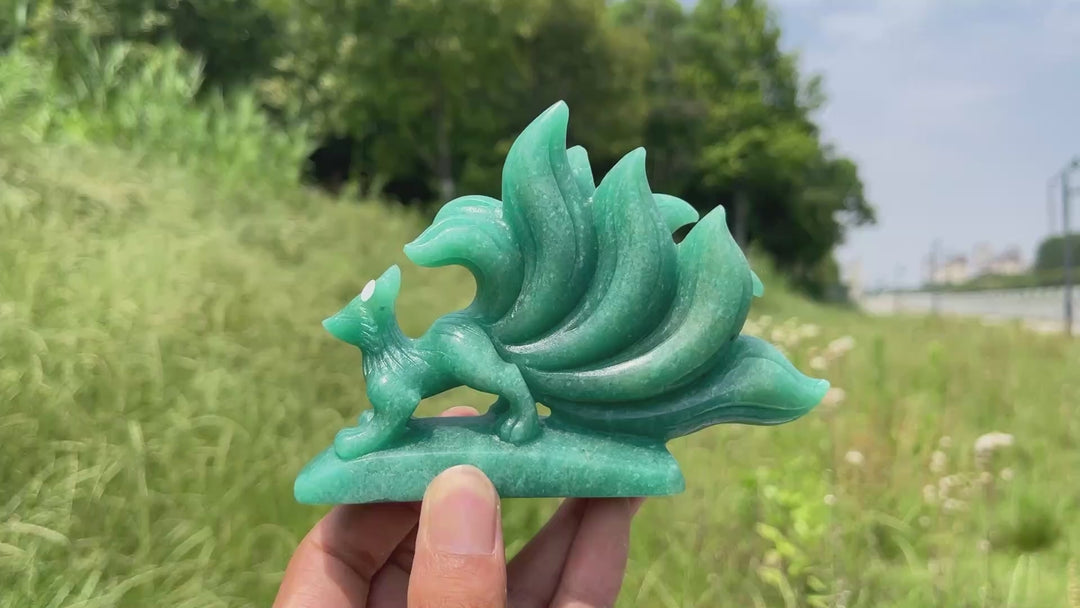 Unique,A Slightly Imperfect Natural Green Aventurine Nine-Tailed Fox Carving