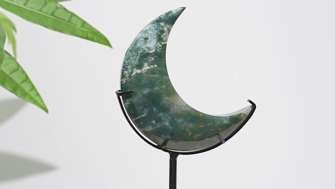 Unique,Natural Crystal Moss Agate Moon With Stand
