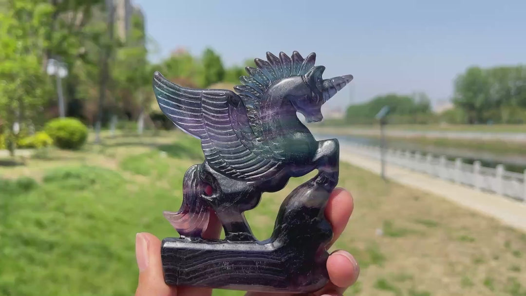 Natural Rainbow Fluorite Crystal Unicorn Carving