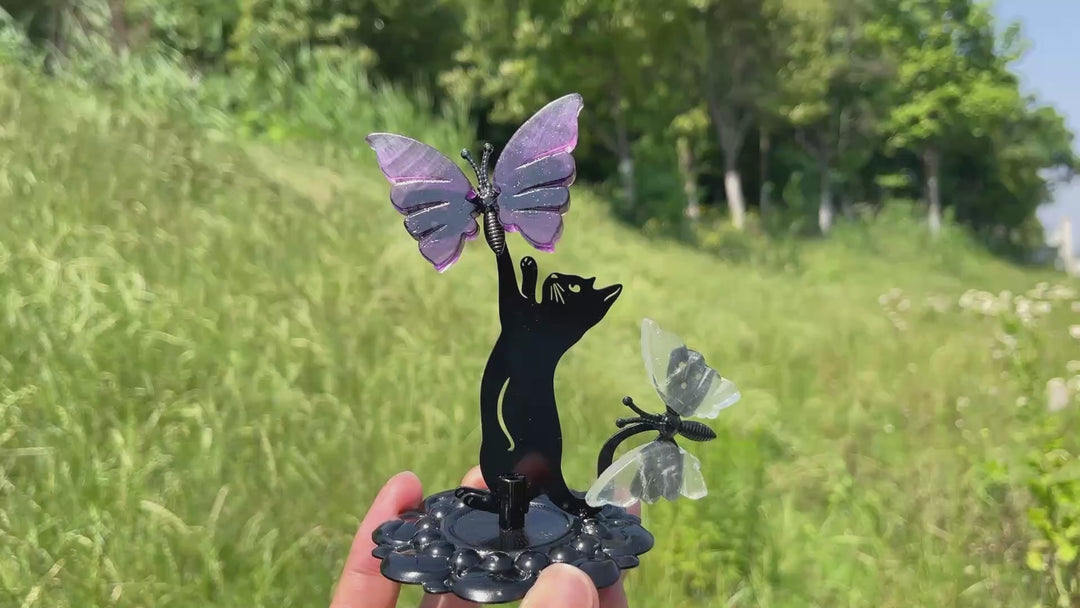 A Slightly Imperfect Natural Fluorite Cat Chasing Butterfly Display Ornament