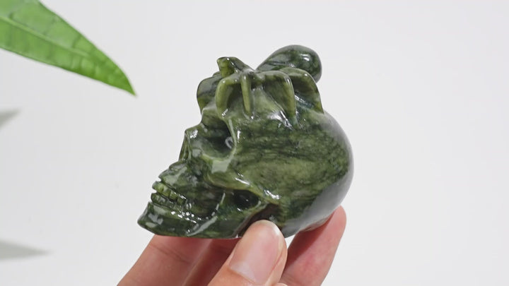 Natural Crystal Serpentine Spider Skull Carving