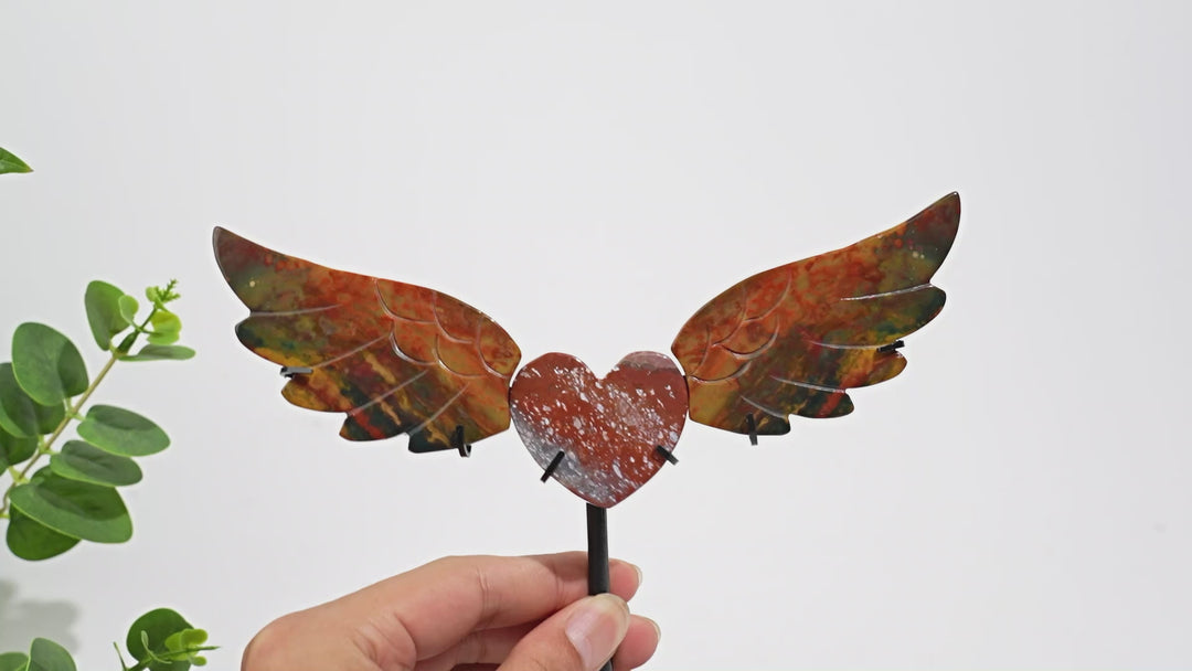 Unique,A Slightly Imperfect Natural Crystal Ocean Jasper Heart Butterfly Wings With Stand