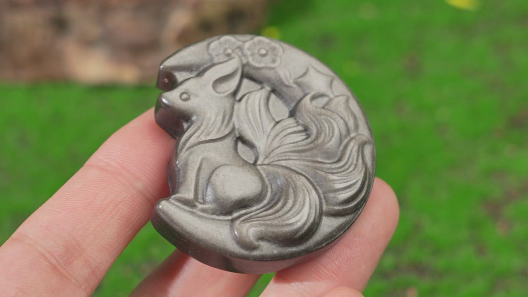 Natural Silver Obsidian Fox-on-Moon