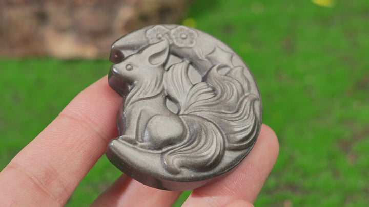 Natural Silver Obsidian Fox-on-Moon