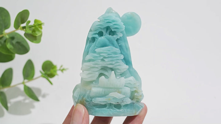 Unique,Natural Crystal Carving Blue Quartzite Mountain Landscape Scene