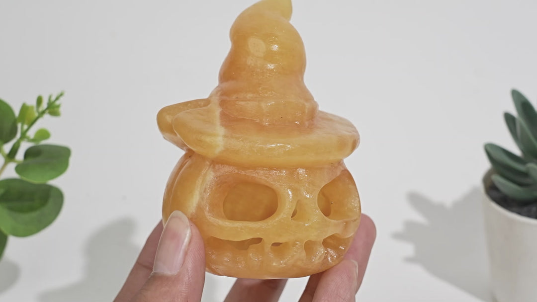 Natural Crystal Carving Yellow Calcite Hollow Out Pumpkin Skull