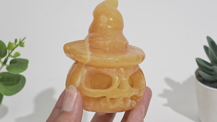 Natural Crystal Carving Yellow Calcite Hollow Out Pumpkin Skull