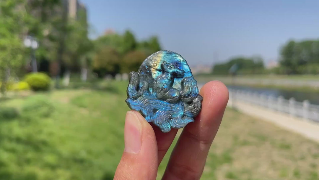 Natural Labradorite Nine-Tailed Fox Carving
