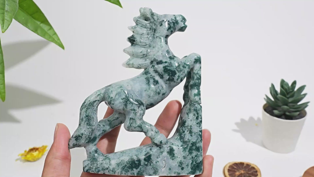 Unique,Natural Moss Agate Galloping Horse Carving