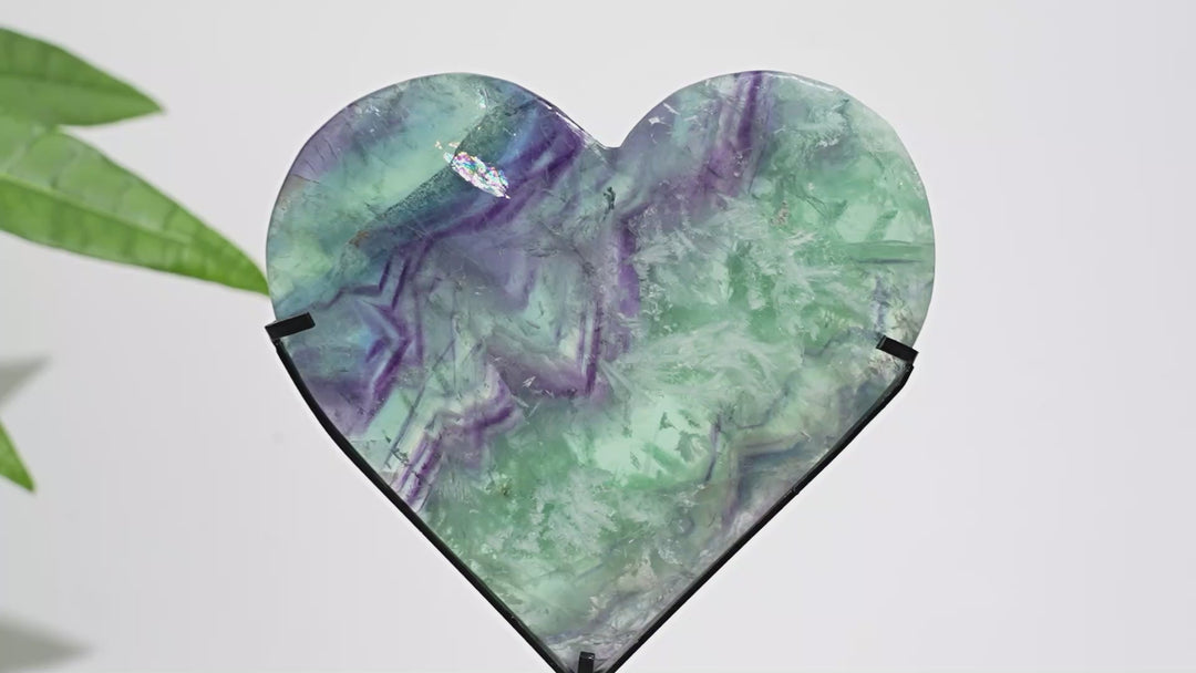 Unique,Natural Crystal Feather Fluorite Heart With Stand