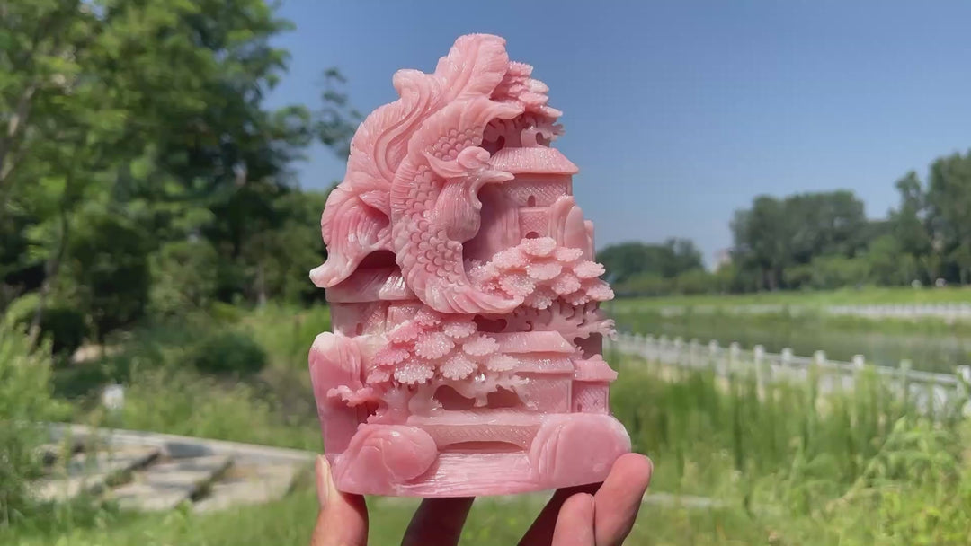 Unique,Natural Crystal Pink Opal Phoenix Mountain Scene Carving