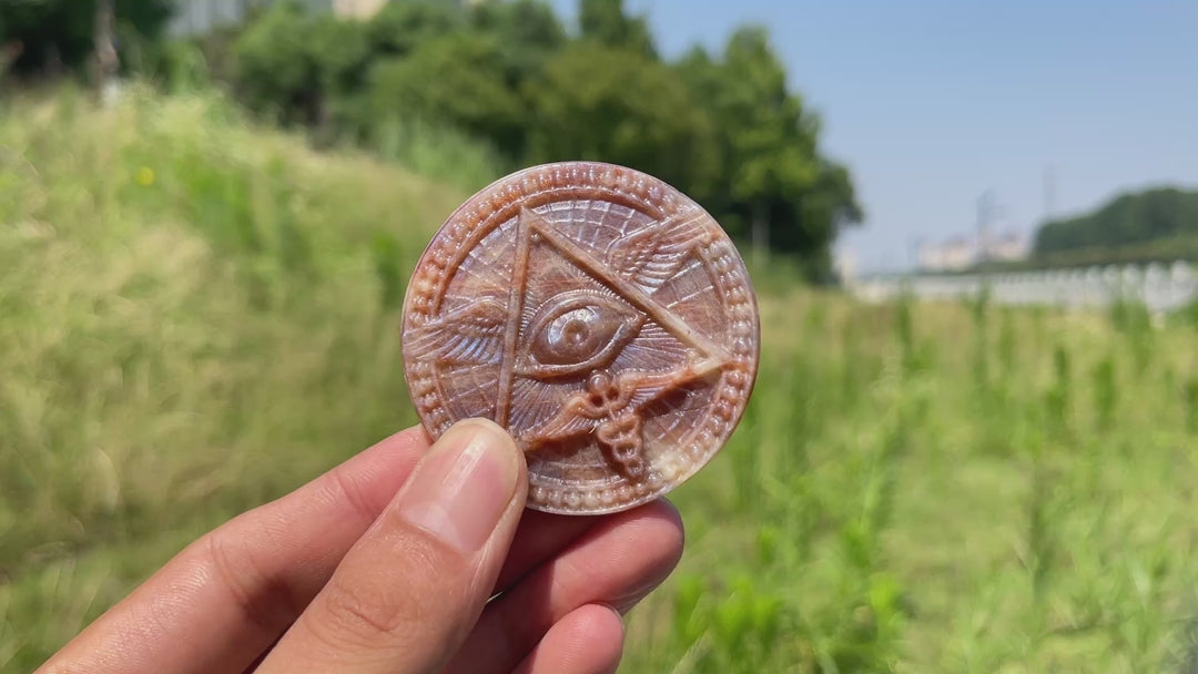 Natural Crystal Sunstone Moonstone All-Seeing Eye Disc Carving