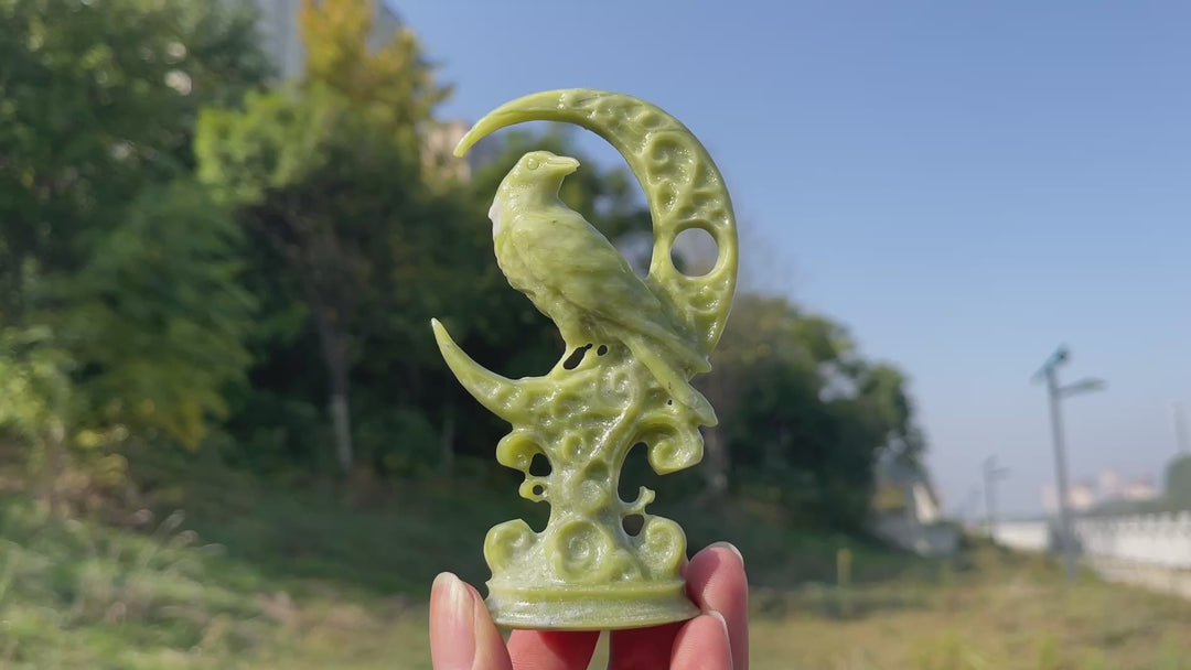 Natural Crystal Carving Serpentine Moon Raven
