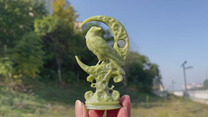 Natural Crystal Carving Serpentine Moon Raven