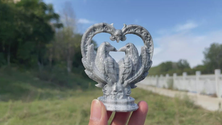 Natural Crystal Carving Heart Couple Ravens