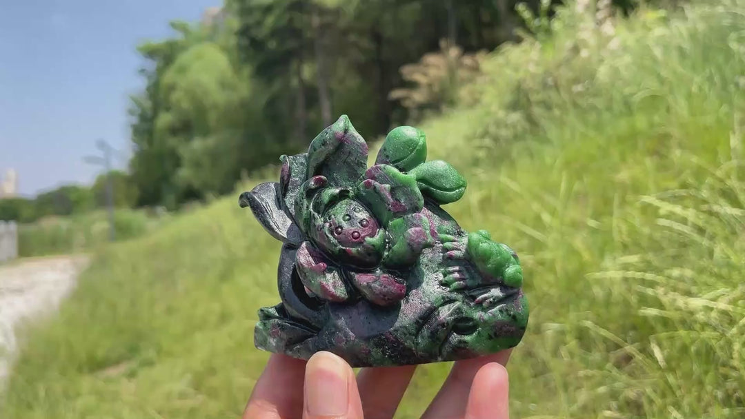 Unique,Natural Vibrant Ruby In Zoisite Lotus With Frog Carving