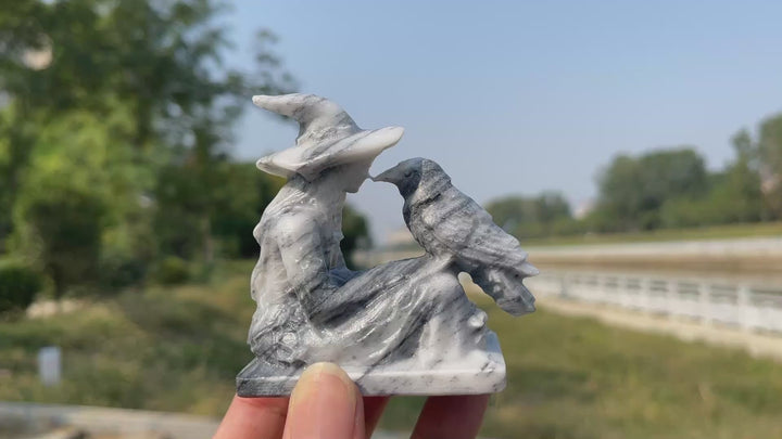 Unique,Natural Crystal Carving TaiJi Stone Witch And Raven