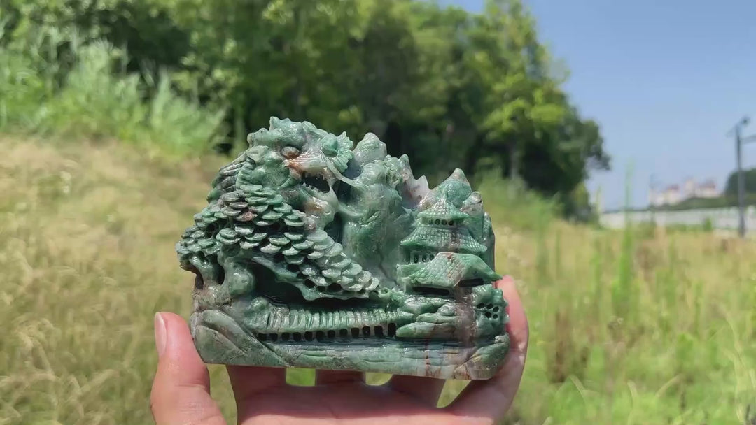 Unique,Natural Crystal Exquisite African Green Jade Mountain Landscape Carving