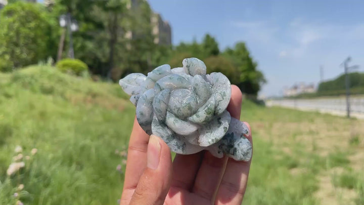 Natural Moss Agate Enchanted Peony Carving