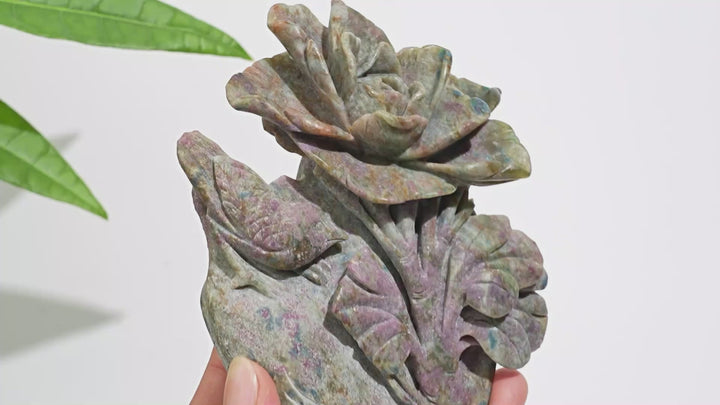 Unique,Natural Crystal Ruby Kyanite Fuchsite Flower With Bird Carving