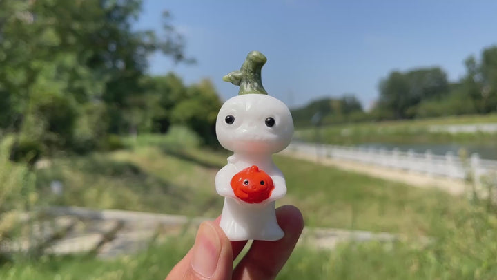 Natural Crystal White Jade Pumpkin Holding Sprite