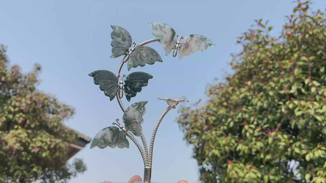 Unique,Natural Crystal Moss Agate Butterfly Sphere Stand