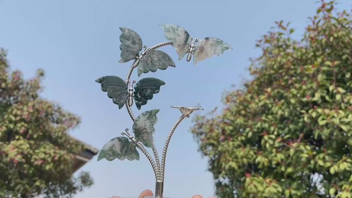 Unique,Natural Crystal Moss Agate Butterfly Sphere Stand