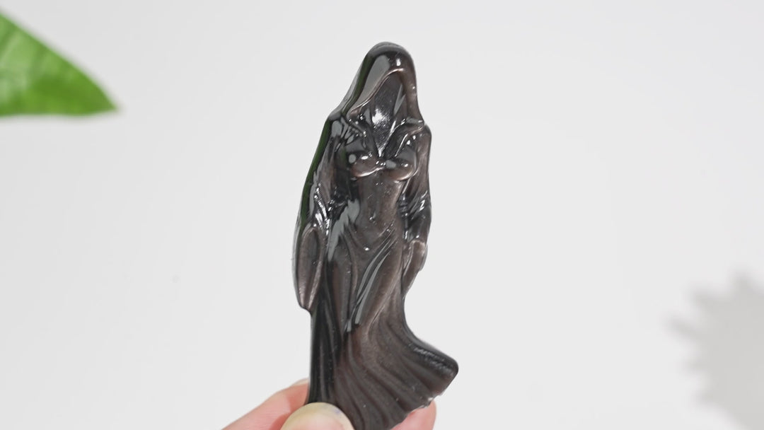 A Slightly Imperfect Natural Silver Obsidian Cloaked Lady Carving