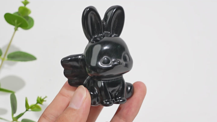 Natural Crystal Carving Black Obsidian Angel Bunny