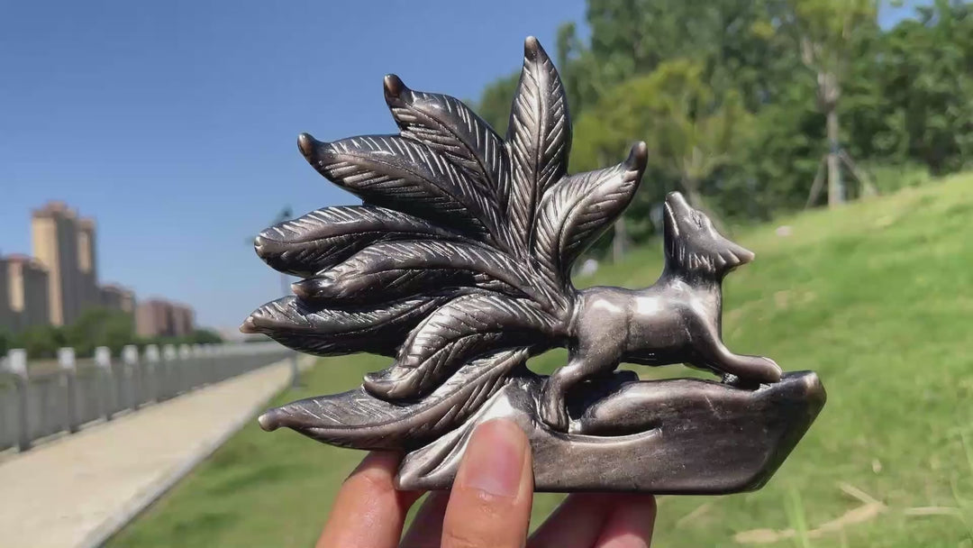 Unique,Natural Enchanting Silver Obsidian Nine-Tailed Fox Carving
