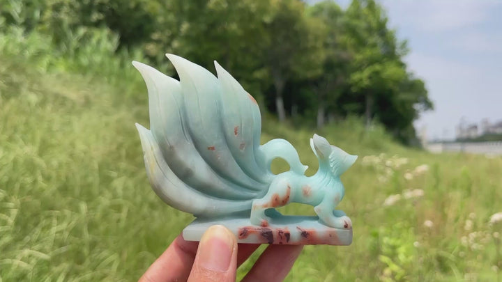 Unique,Natural Crystal Cute Blue Quartzite Nine-Tailed Fox Carving